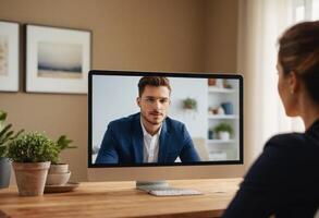 AI Generated A woman participates in a video conference call, focused and engaging with a remote colleague. photo