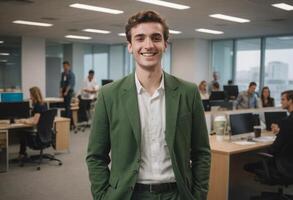 AI Generated A cheerful man stands out in an office setting with his olive blazer. His broad smile and relaxed posture convey friendliness and confidence. photo