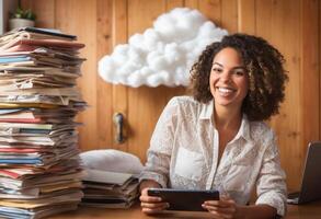 AI Generated A creative professional works under a cloud installation, symbolizing her innovative approach to technology and data management. photo