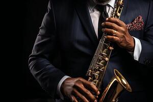 AI generated Saxophonist playing saxophone at world jazz festival. Musical background with copy space for text. photo