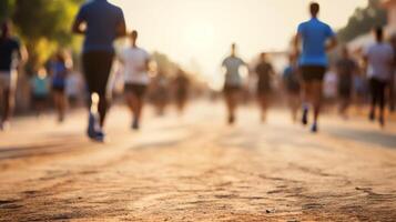 AI generated Wide shot of parade route, marathon course, participants, spectators, blurred background, copy space photo