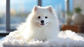 AI generated White pomeranian spitz resting on soft mat with copy space, pet photography concept photo