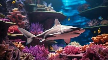 AI generated Great white shark in natural habitat with colorful coral reef and ample copy space photo