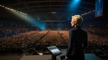 AI generated Confident businesswoman delivering powerful keynote to diverse audience at conference photo