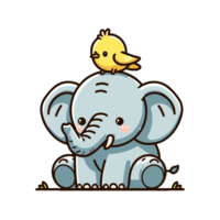 AI generated cartoon cute elephant and bird icon character png
