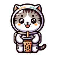 AI generated cute cat drinking boba milk tea character illustration png