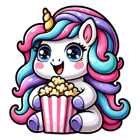 ai generato carino unicorno e Popcorn personaggio illustrazione png