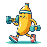 ai generato cartone animato personaggio carino Banana fitness sollevamento pesi png