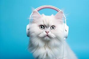 AI generated Adorable white dj cat wearing headphones on the blue background. Copy space for text photo