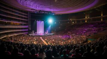 AI generated Confident businesswoman delivering powerful keynote address to diverse audience at conference photo