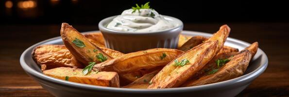 AI generated Crispy fried potato wedges with sour cream dip and herbs with copy space. Banner photo