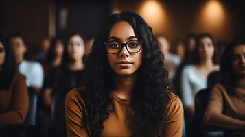 AI generated Confident businesswoman delivering powerful keynote address at diverse conference with insights photo