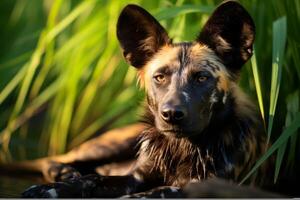 AI generated African wild dog in its natural habitat - captivating safari wildlife photography photo