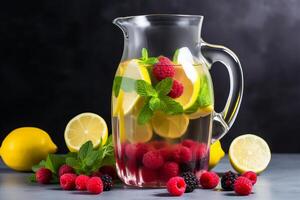 AI generated Invigorating fresh fruit-infused drink in a stylish jug with abundant space for custom text photo