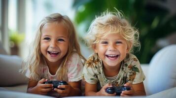 AI generated Children having fun playing video games in defocused living room with copy space for text photo