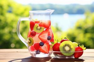 AI generated Refreshing jug drink with fresh fruits and ample copy space for text and advertising photo