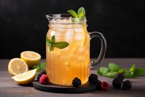 ai generado refrescante limonada jarra con Fresco bayas y rebanado limones - verano bebida para caliente dias y fiestas foto