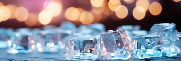 AI generated Falling ice cubes on blurred background with copy space for beverage concept advertisement photo