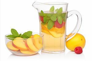 AI generated Freshly made fruit-infused jug drink - featuring a variety of fruits, ideal for text overlays photo