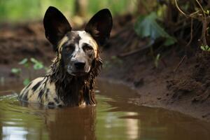 ai generado africano salvaje perro en el río. capturar el esencia de un safari aventuras en sus natural habitat foto