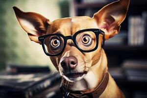 AI generated Adorable surprised dog with glasses looking in bewilderment - copy space for text photo