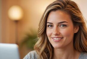 AI Generated A casually dressed woman enjoys her smart home features, interacting with a home automation system. photo