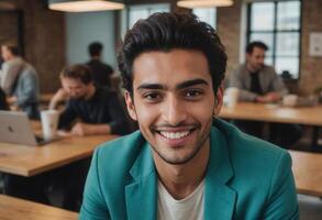 AI Generated A professional young man smiles confidently in an office space. His bright teal blazer suggests a creative flair in his work. photo