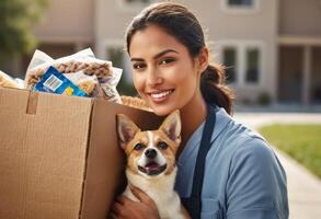 ai generado un sonriente mujer sostiene un caja con un perro mientras Moviente. el imagen refleja cambiar, compañerismo, y un nuevo comienzo. foto
