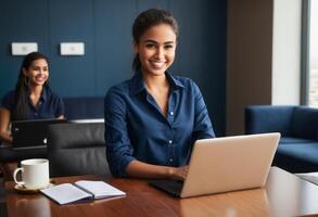 AI Generated A businesswoman working attentively on a laptop in a corporate office. Her professional attire signifies a formal work environment. photo