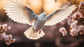 AI generated Graceful white dove flying above beautiful blossoming garden with blurred background and copy space photo