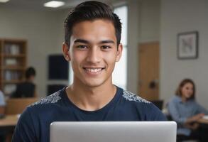 AI Generated Young man in a navy blue shirt smiling with laptop. Informal and studious environment. photo