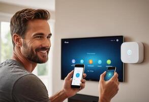 AI Generated A smiling couple sets up a smart home device together, enhancing their home with technology. photo