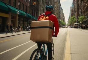 AI Generated A man rides a bicycle in an urban environment, delivering food. The scene captures everyday city life and work. photo