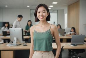 AI Generated Asian woman in casual top, confidently standing in office. Natural and relaxed office atmosphere. photo