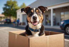 AI Generated A delivery man smiles as a happy dog peers out of a delivery box, showing a unique and cheerful aspect of his workday. photo