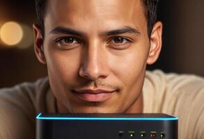 AI Generated A focused young man looks at a network router with glowing lights, suggesting technology management or troubleshooting. photo