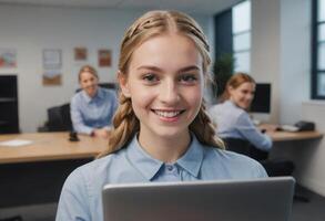 AI Generated Young woman at her desk in office, looking at the camera. Professional and inviting atmosphere. photo