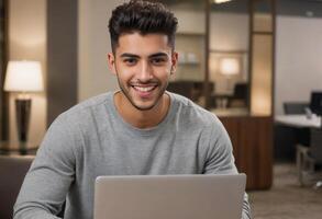 AI Generated Man in grey sweater using laptop in office. Evening work session with a casual and focused demeanor. photo