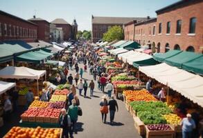 AI Generated An outdoor market street bustles with activity as vendors and shoppers engage. The vibrant atmosphere is captured in this lively urban scene. photo