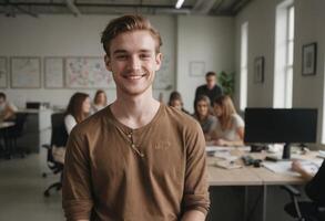 AI Generated A smiling young man in casual attire in a busy office. He stands out with confidence and ease amidst colleagues. photo