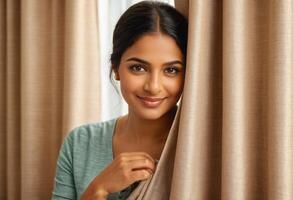 AI Generated A curious woman peeks through curtains, her expression playful and engaged. photo