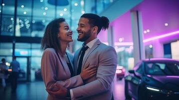 ai generado un emocionado multirracial Pareja abrazando cada otro, rodeado por futurista coche sala de exposición arquitectura, holográfico muestra exhibiendo diferente vehículo opciones, foto