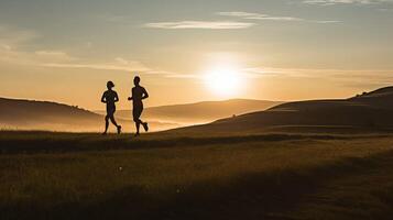 AI generated A dynamic scene unfolds as a couple of athletes dash through a picturesque natural landscape, their silhouettes framed against the backdrop of rolling hills and open sky, photo