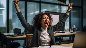 AI generated business woman raises her arms in victory photo