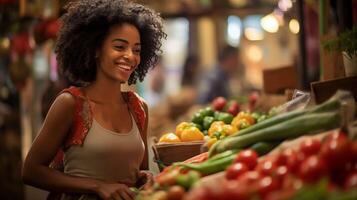 ai generado en el medio de un bullicioso mercado escena, un joven, hermosa negro mujer graciosamente navega su camino mediante establos, buscando ingredientes para un Mediterráneo cena. foto