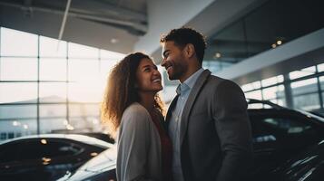 AI generated capturing the couple's genuine expressions and the car's sleek design with crisp details and warm tones, photo