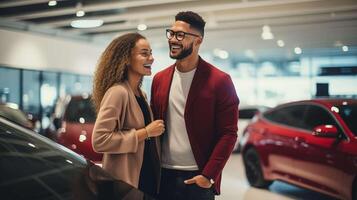 ai generado un alegre multirracial Pareja admira un brillante nuevo coche en monitor en un moderno sala de exposición, foto