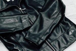 Black texture eco soft leather, fashionable jacket photo
