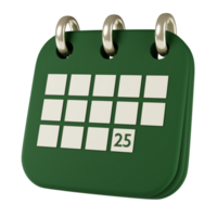 kalender med markant datum 3d framställa illustration. grön arrangör med ringar, gyllene bunden och noterade med jul dag png