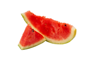 Cut red ripe watermelon with green rind into small pieces of different sizes with black seeds without background. Professional studio macro photography png